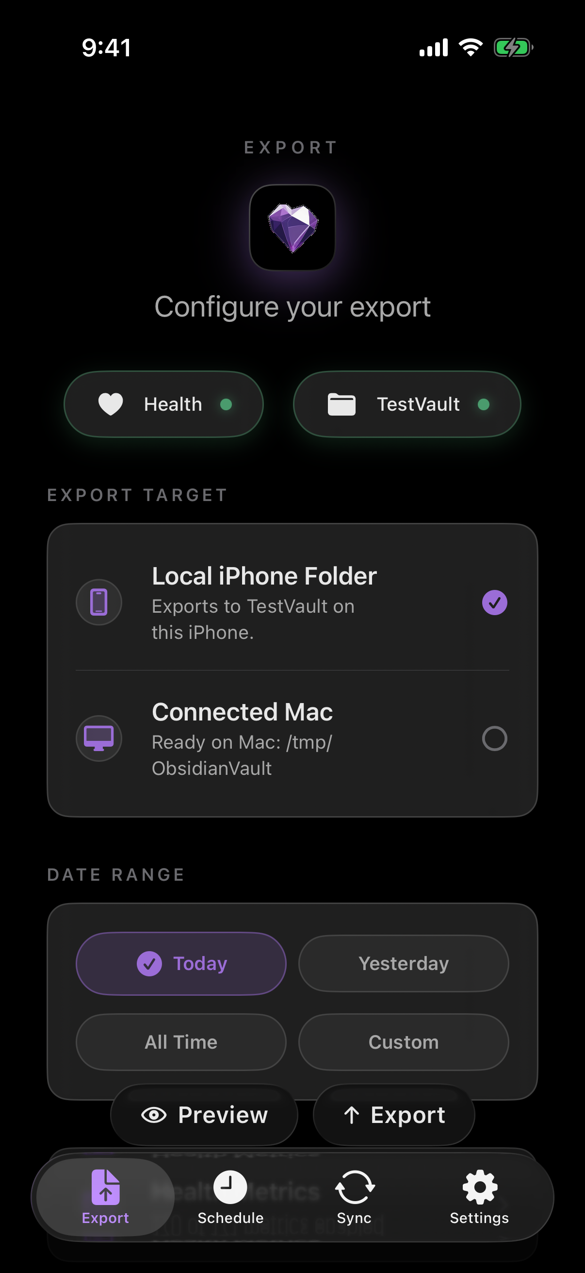 Health.md export configuration screen