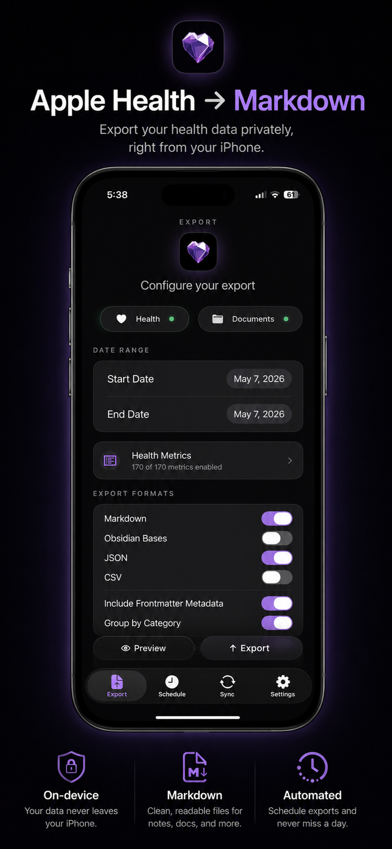 Health.md iPhone export configuration
