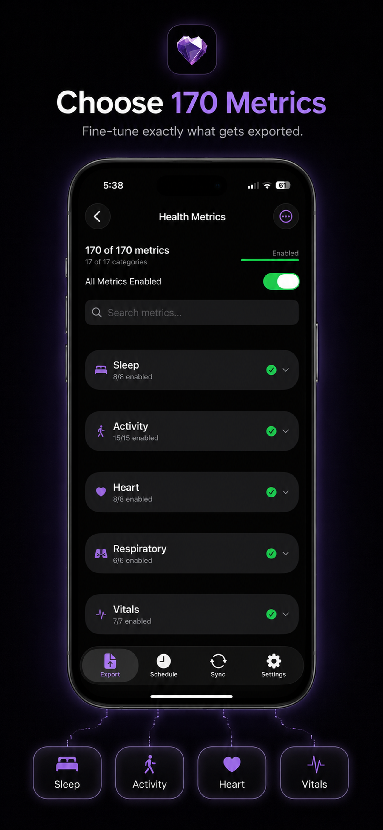 Health.md iPhone metric selection