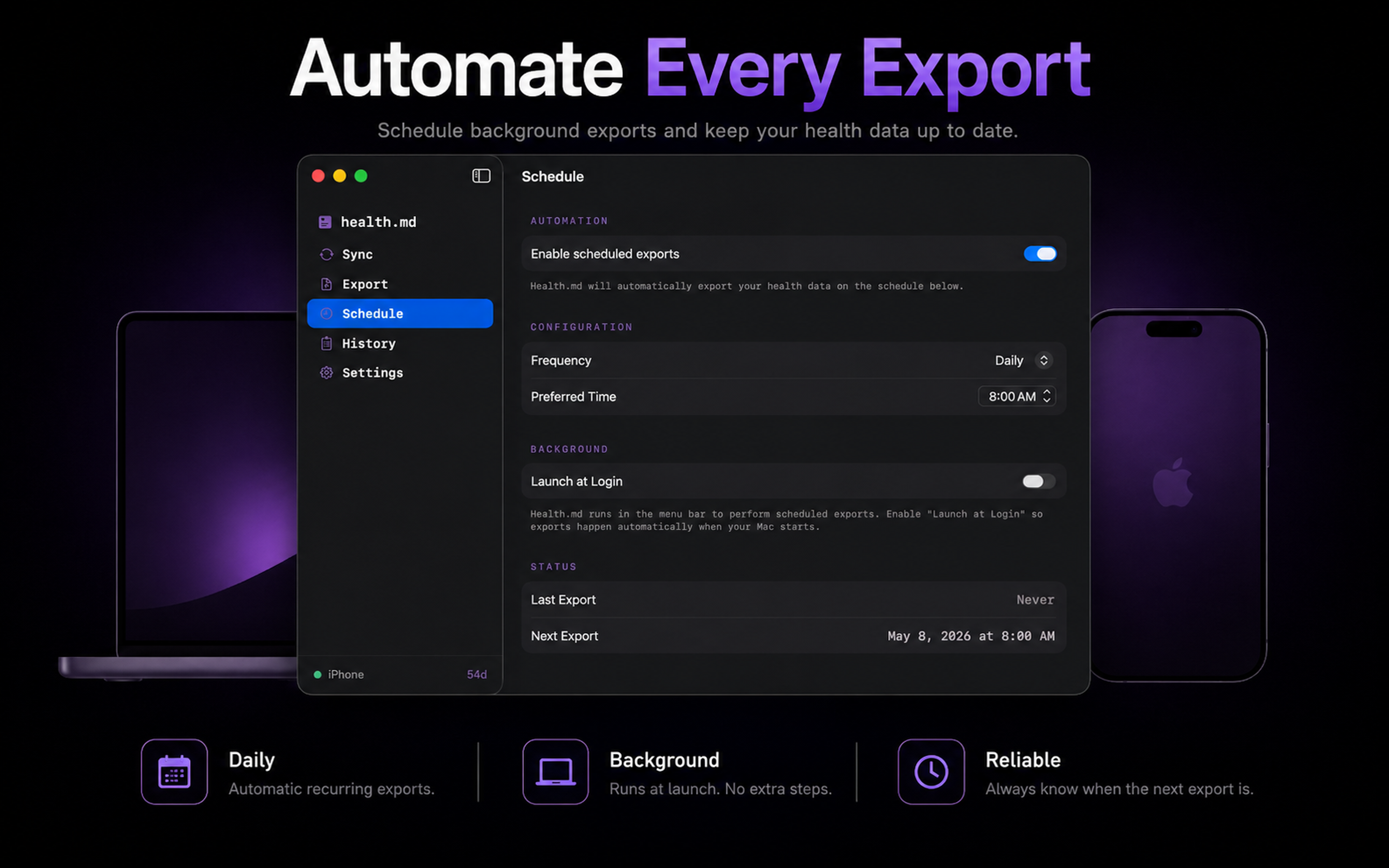 Health.md macOS schedule screen