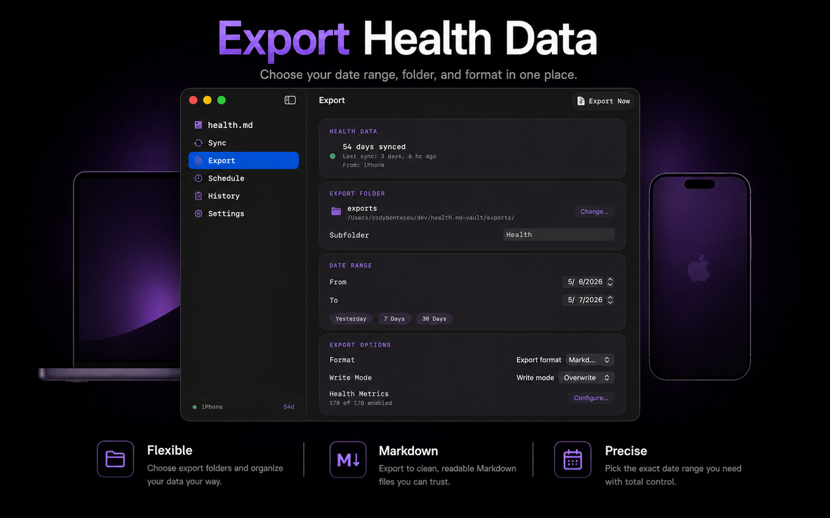 Health.md macOS export screen