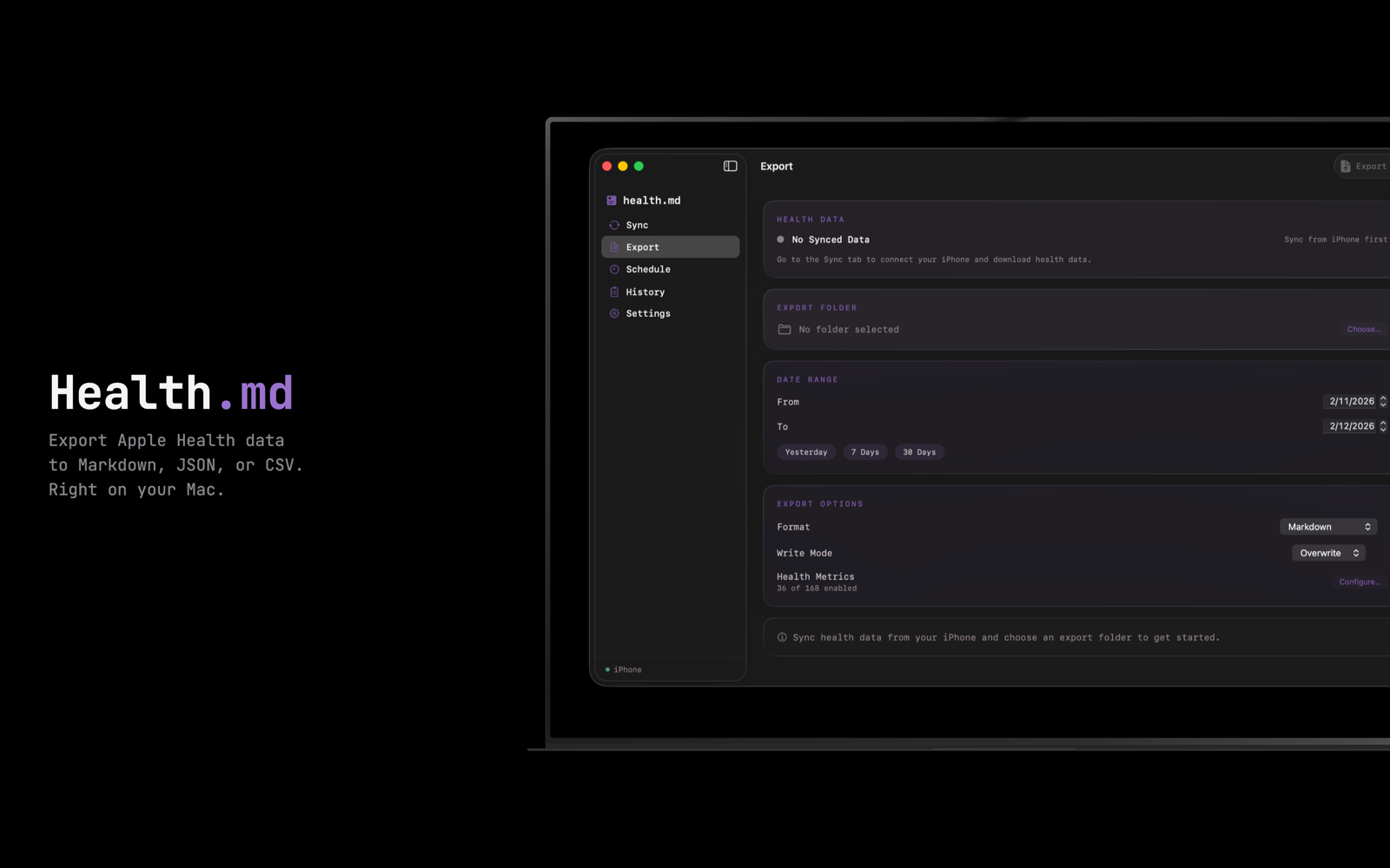 health.md macOS Export view