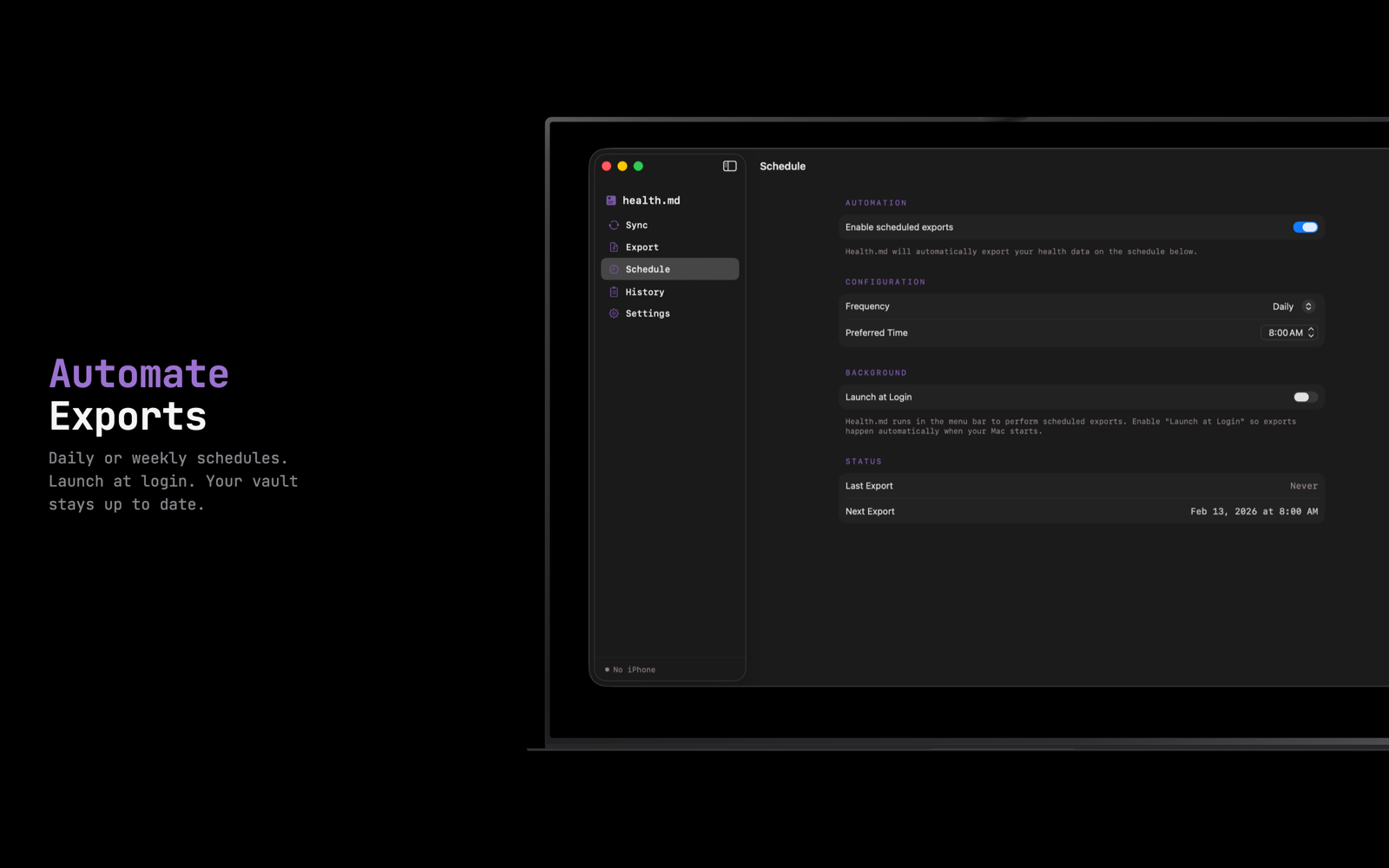 health.md macOS Schedule view