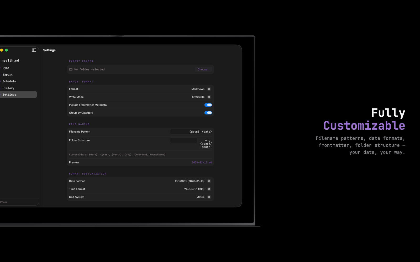 health.md macOS Settings view