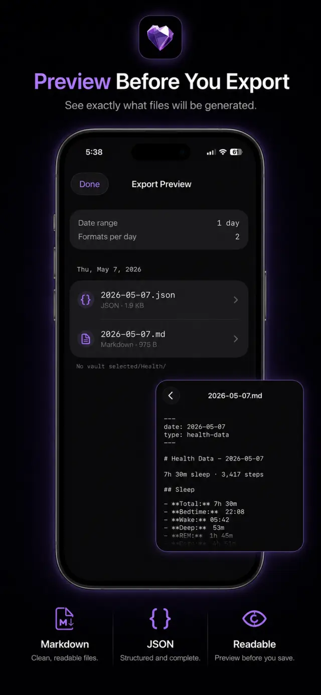 Health.md iPhone export preview